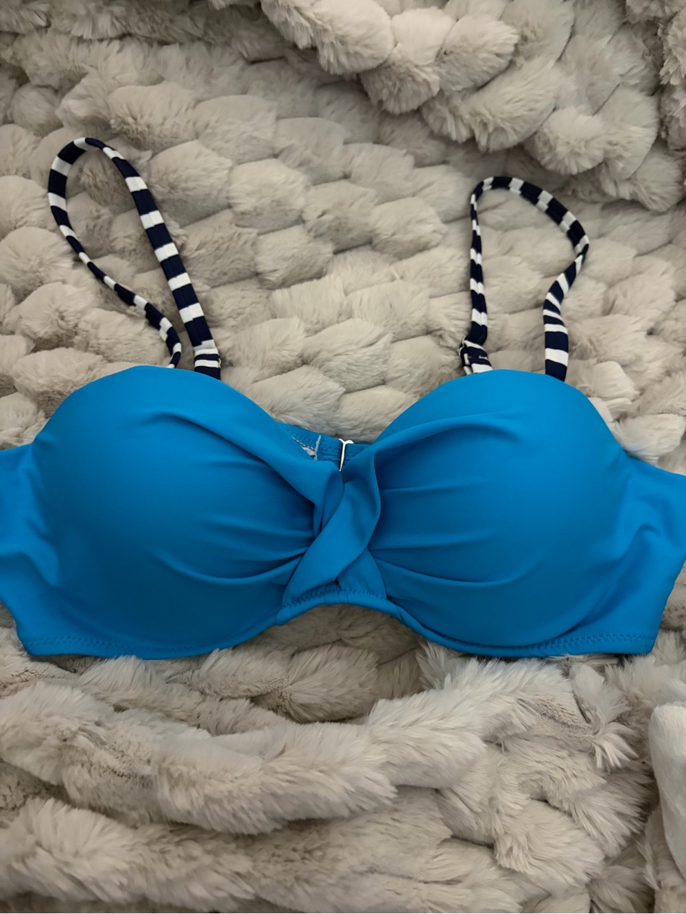 Blue Twist Front Bikini Top with Striped Straps Medium